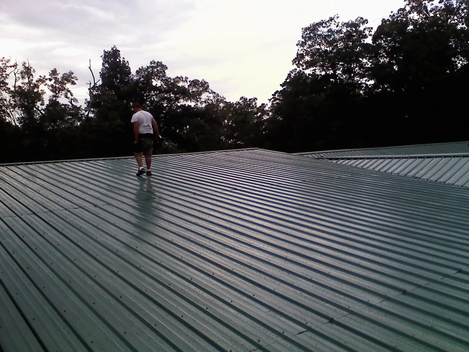 Roofer walking a wide expanse of new green metal roofing in Philomath